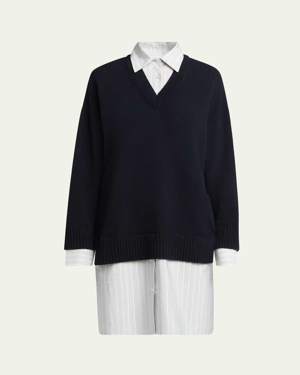 Stripe Layered Sweater Wool Shirt Dress